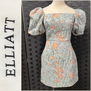 ELLIATT Puff Sleeve Jacquard Mini Dress Small Square Neck Peach Green Textured